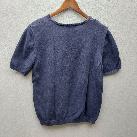 Alfred Dunner Womens Navy Floral Embroidered Short Sleeve Sweater L Cotton/Ramie - Picture 3 of 3